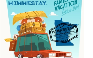 Family car with gear graphic. Text: Minnestay, Family Vacation, Take a trip! Minnestay, Minnesota's Vacation Rental Spot.