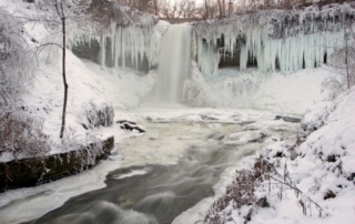 Minnehaha Falls frozen in winter.