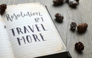 Journal and pinecones. Text: Resolution no 1, Travel More.