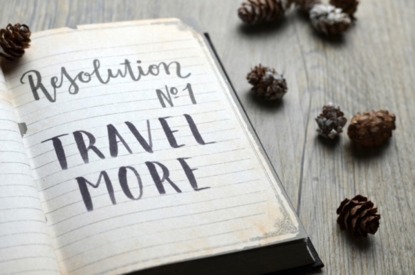 Journal and pinecones. Text: Resolution no 1, Travel More.