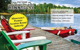 Adirondack chairs on a pier and a boat. Text: Earn Income on your cabin or lake home, Minnestay. Minnesota's Premier Vacation Rental Authority. Full service vacation rental property management, Minnestay manages every aspect, Maximize your vacation rentals, More bookings - less hassle.