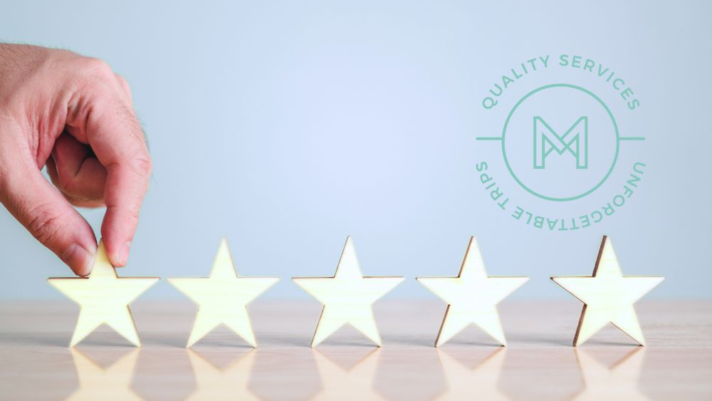 The 5 star customer experience from MINNeSTAY shown with five gold stars and our emblem that says 