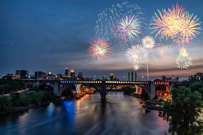 Fireworks over the twin cities of Minneapolis and St. Paul Minnesota