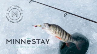 Ice-Fishing on Lake Minnetonka through an open hole and a fish caught on a line. MINNeSTAY logo bottom left.